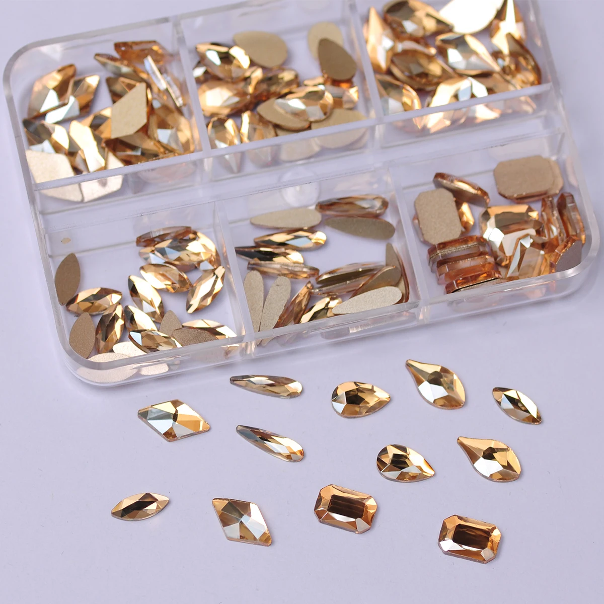 

Hot New Golden Shadow 6 Girds Box-packed Rhinestones Glass Strass Nail Art Decorations Crystal Accessories Glitter Nail Beauty