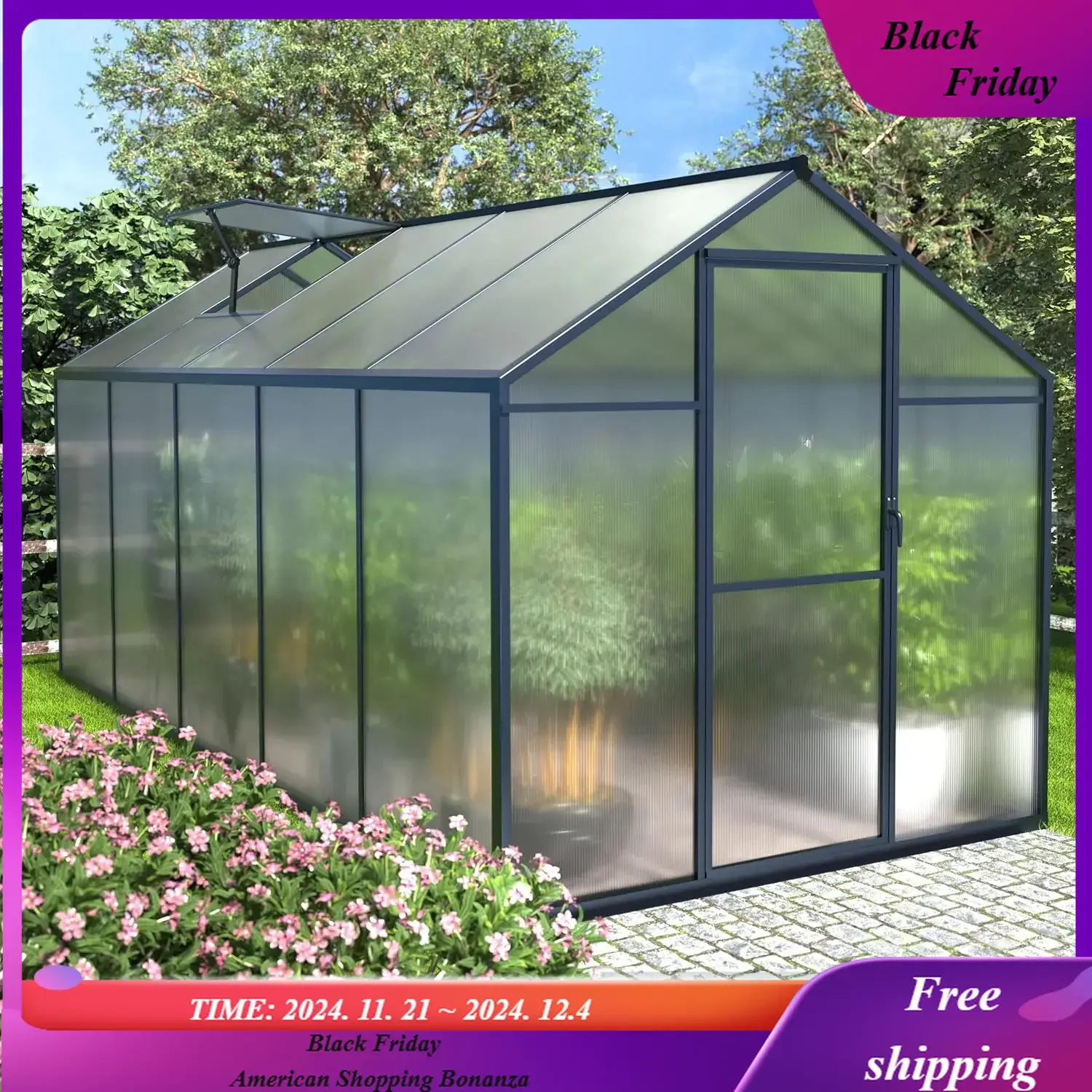 

6x10 FT Greenhouse Kit for Outdoor, Walk-in Green House with Lockable Door and Adjustable Roof Vent