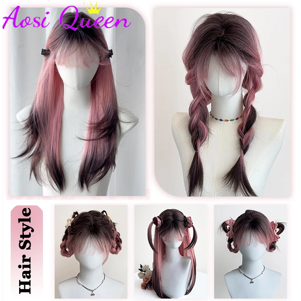 AOSI-Perucas sintéticas retas longas com franja para mulheres, resistente ao calor, cabelo falso, ombre, preto, rosa, cosplay, perucas em camadas