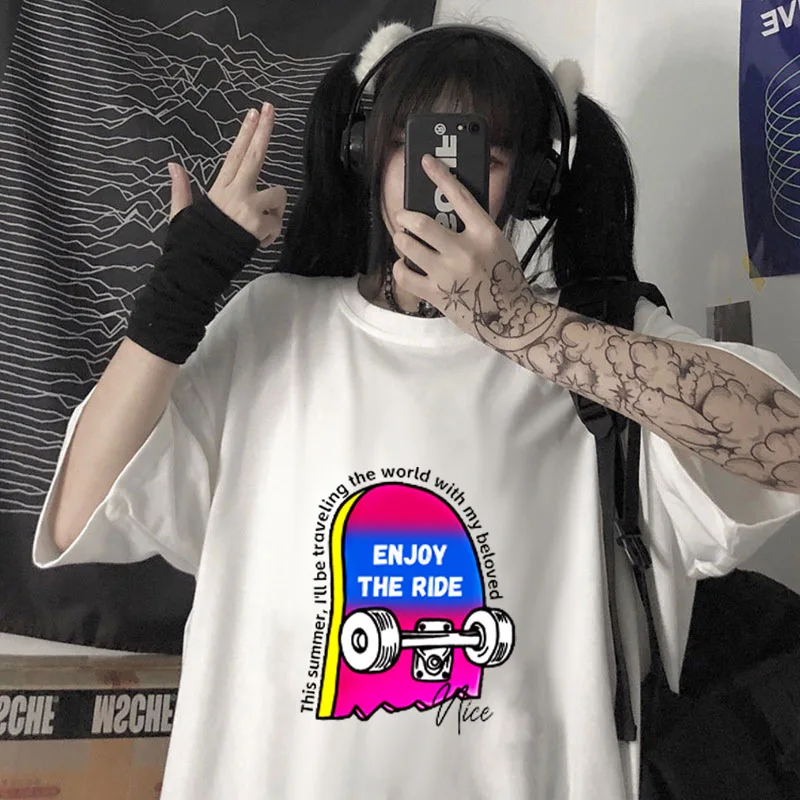100% Cotton Women Enjoy The Ride Skateboard Graphic T Shirt Retro Colorful Skate Streetwear Casual Short Sleeve Tee