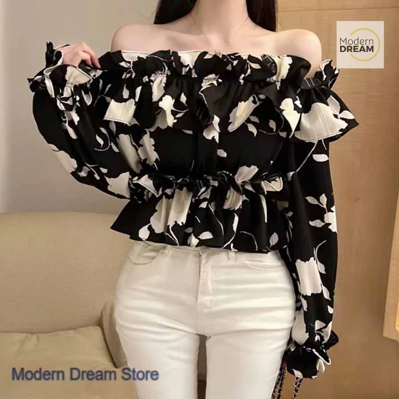 French chic shoulder dress online celebrity floral lotus leaf strapless Joker chiffon blouse women's spring and summer sweet top
