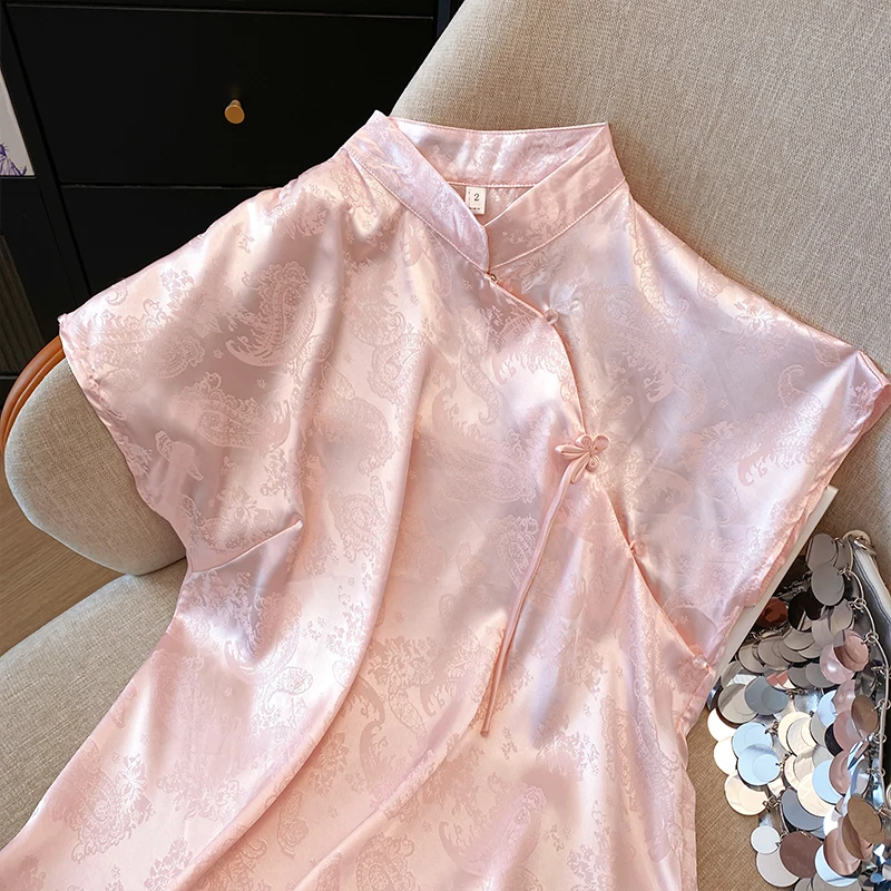 الجاكار الحرير الحرير البلوزات النساء قصيرة الأكمام الوردي قمصان النساء الرجعية الصينية خمر العرقية نمط بلوزات بلا اكمام المتضخم