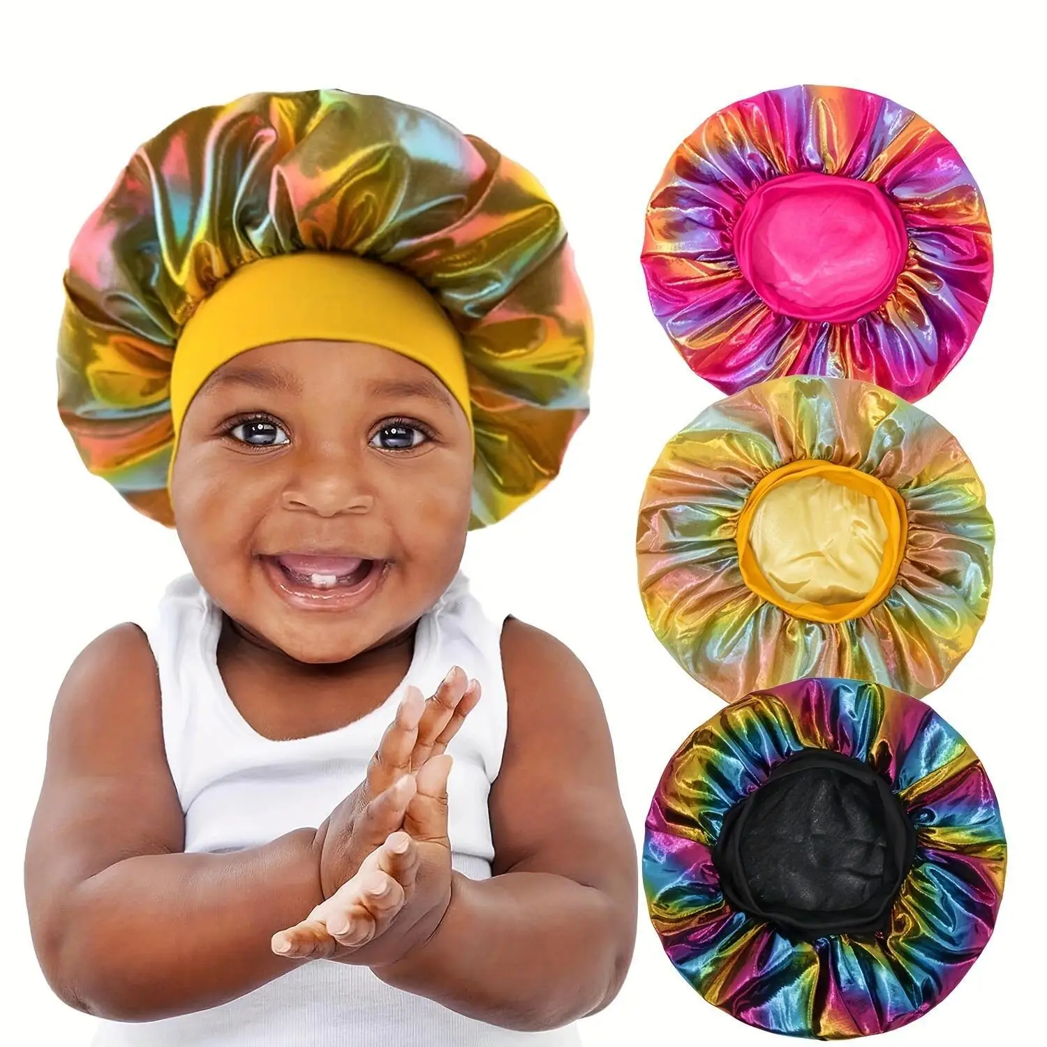 2-8Y New Stretch Satin Laser Baby Shower Cap Fashionable Adjustable Wide Edge Baby Headband Children's Night Sleep Cap