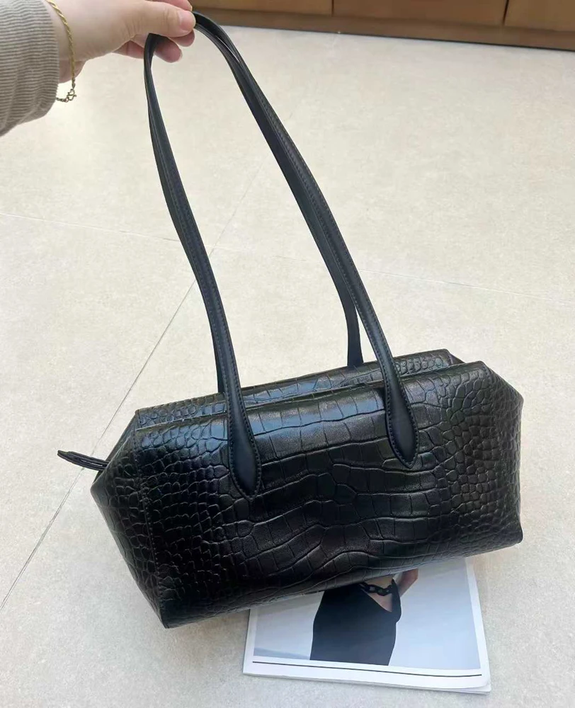SHELKSBAG Women Crocodile Pattern Shoulder Bag Large Capacity Vintage Genuine Leather Tote Bag Rectangular Underarm Handbag