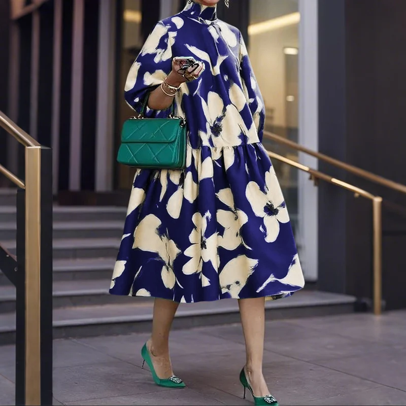 

Женские платья больших размеров 5XL VONDA, богемные осенние платья 3/4 с пышными рукавами и воротником-стойкой, длинный халат с оборками, повседневные платья миди с принтом