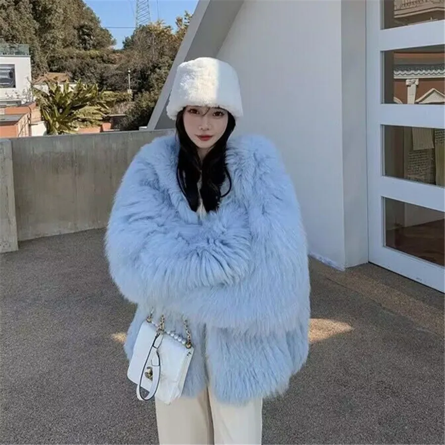 Blue Winter Warm Faux Fur Coat Women Bat Sleeve Thick Plush Fluffy Jacket Ladies Lazy Loose Hooded Outwear Luxury Clothing 2023