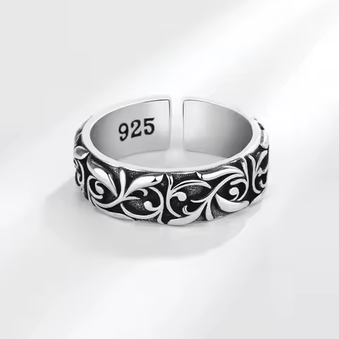 Vintage Vine Pattern Ring Silver Color Punk Gothic Retro Open Ring for Men Women Black Trend Unisex Jewelry Accessories