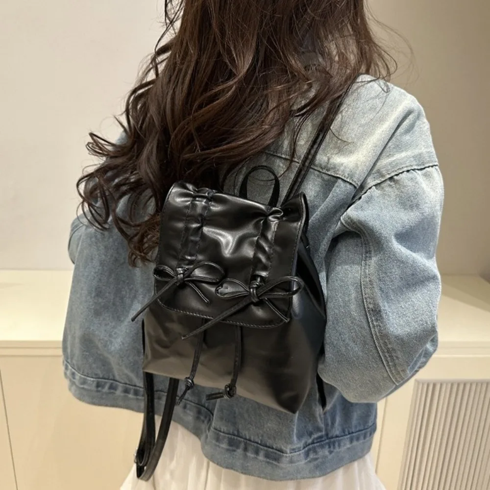 

Casual Tie Bow Backpack Y2k Large Capacity Pu Leather Backpack Double Shoulder Bag Solid Color Student School Bag Children