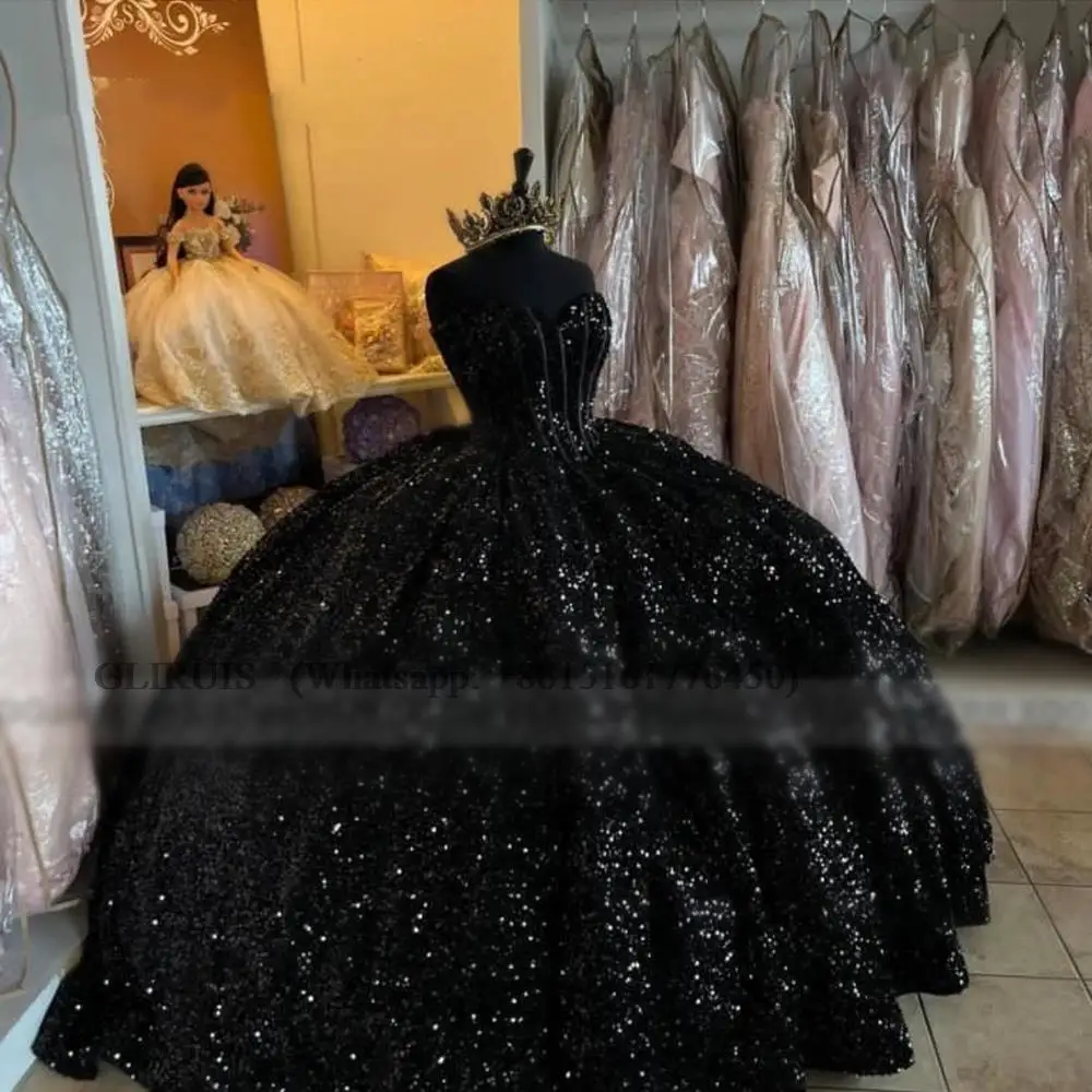 Black Quinceanrea Dresses Sweetheart Sequins Ball Gown Dress Sparkly Sweet 16 Princess Birthday Vestido De 15 Años Customized