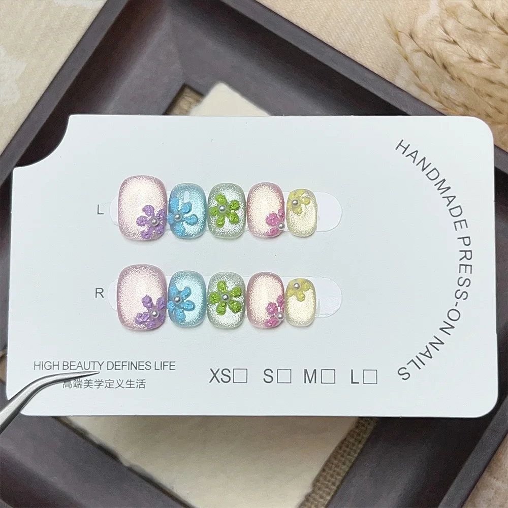 Fresh Shining Sweet Cat's Eye Flower Pearl Short Ellipse Nail Art Bowknot Stars Apple Cherry Fake Nail Summer Nail Stickers Gift