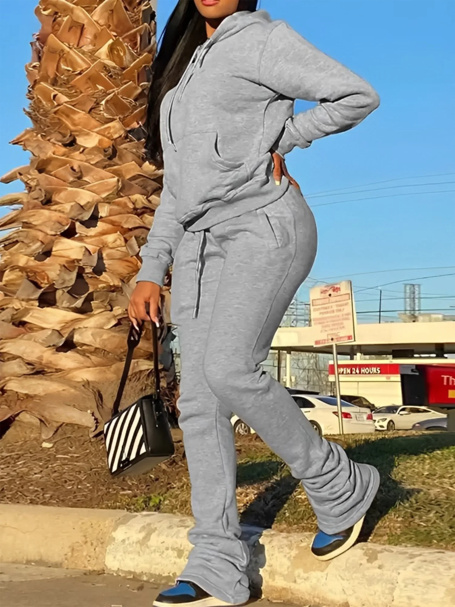 LW Plus Size Plain Sweatsuits Autumn Winter BASICS 2 Piece Tracksuit Kangaroo Pocket Hoody&Stacked Pants Matching Outfits