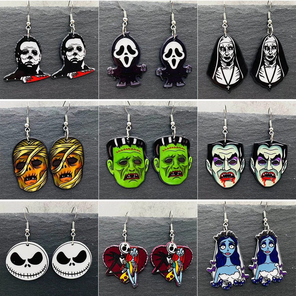 19 kinds of Halloween Acrylic Earrings Christmas Night Horror Movie Cartoon Character Asymmetric Earring for Women Jewelry