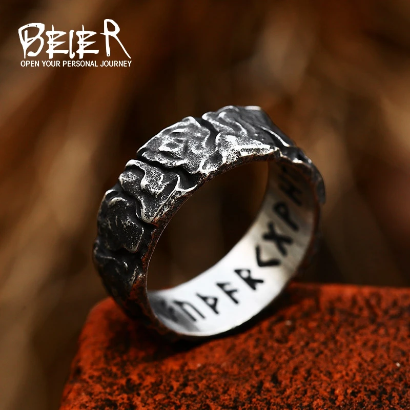 BEIER 2023 Keluaran Baru Desain Unik Baja Tahan Karat Viking Cincin Batu Bulat Viking Rune Jimat Hadiah Perhiasan Antik