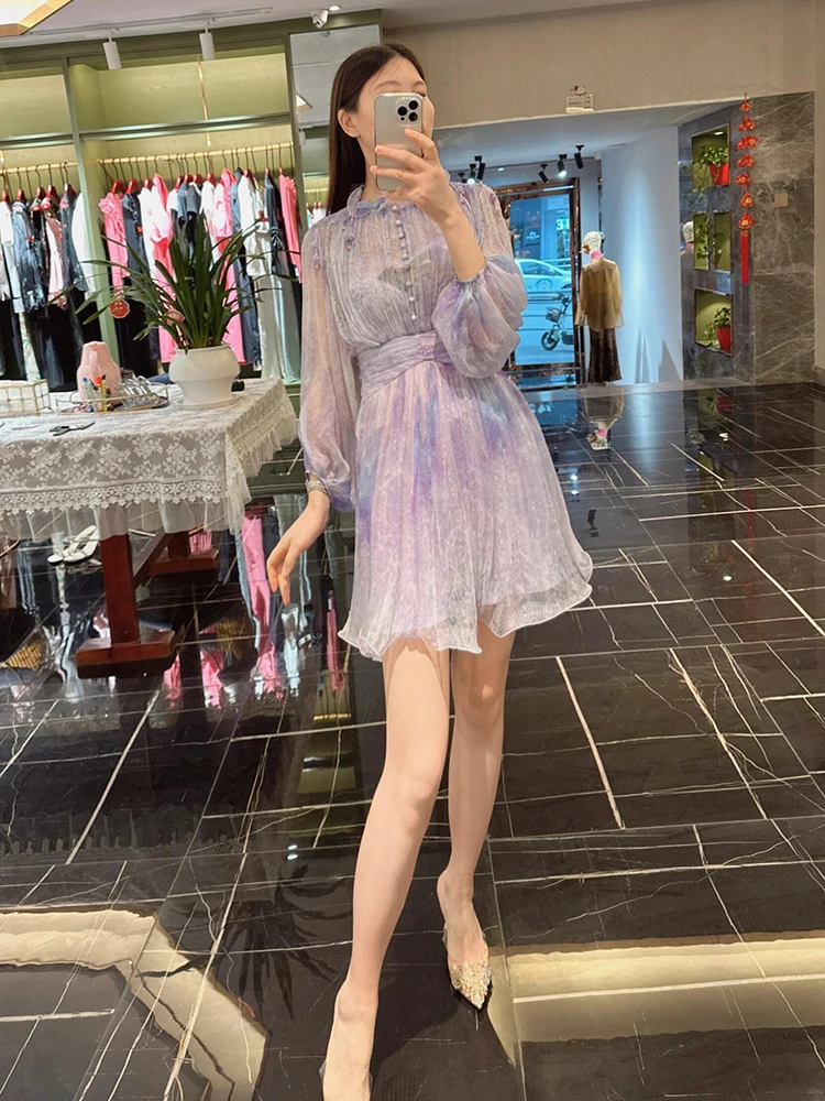 

Ele V-ne Belted Print Waist-cinching Dr French Sle Knitted High Waist A-line Skirt Long Sve ort Dr for Women