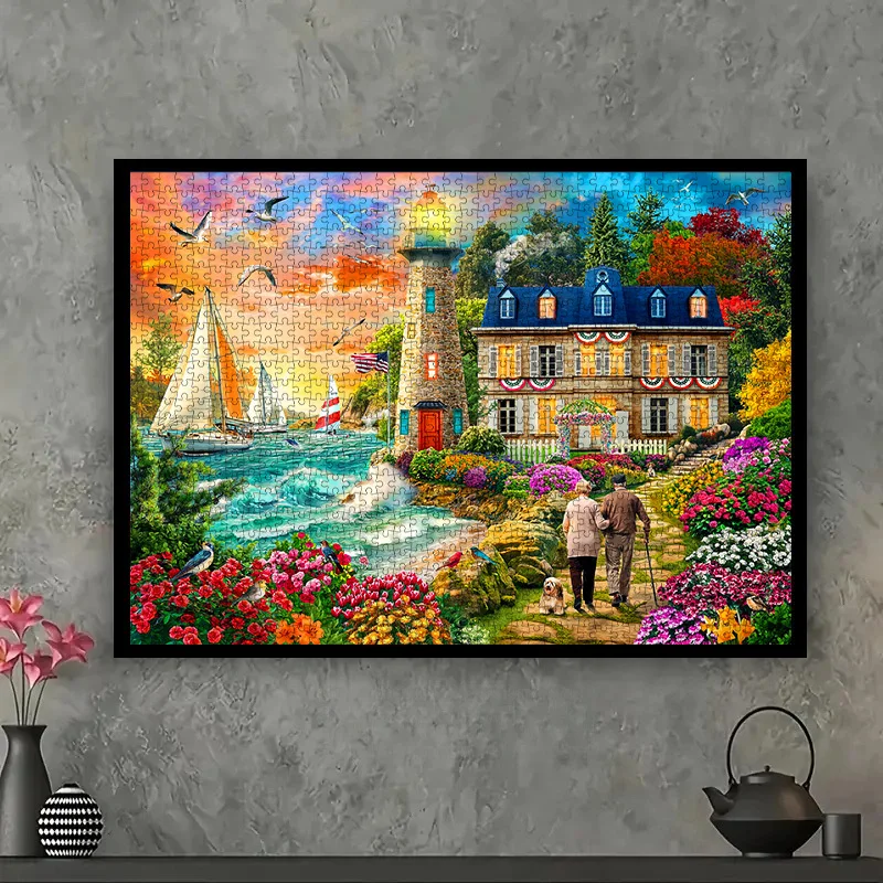Puzzle de coucher de soleil avec phare côtier et villa, jeu intellectuel romantique pour adultes, jouet décoratif de loisirs à la maison