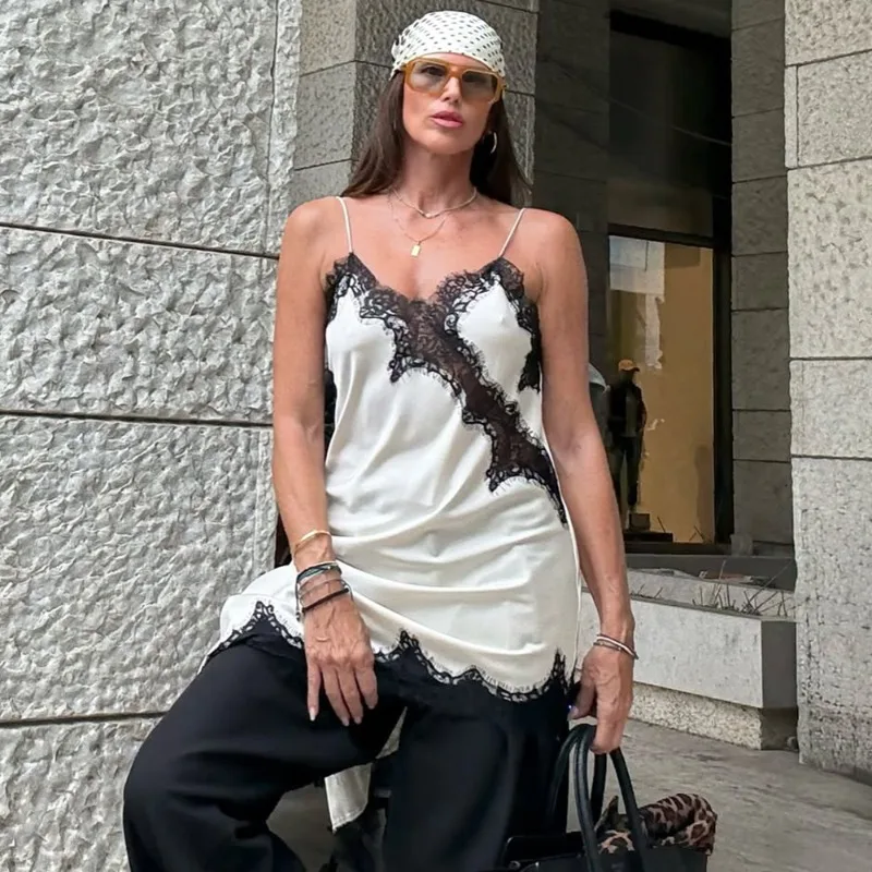 

Ticketsx Sexy Lace Hollow Sling Dress Retro Solid Irregular V-Neck Tops Dress Lady 2025 Fashion Street Party Holiday Mini Dress