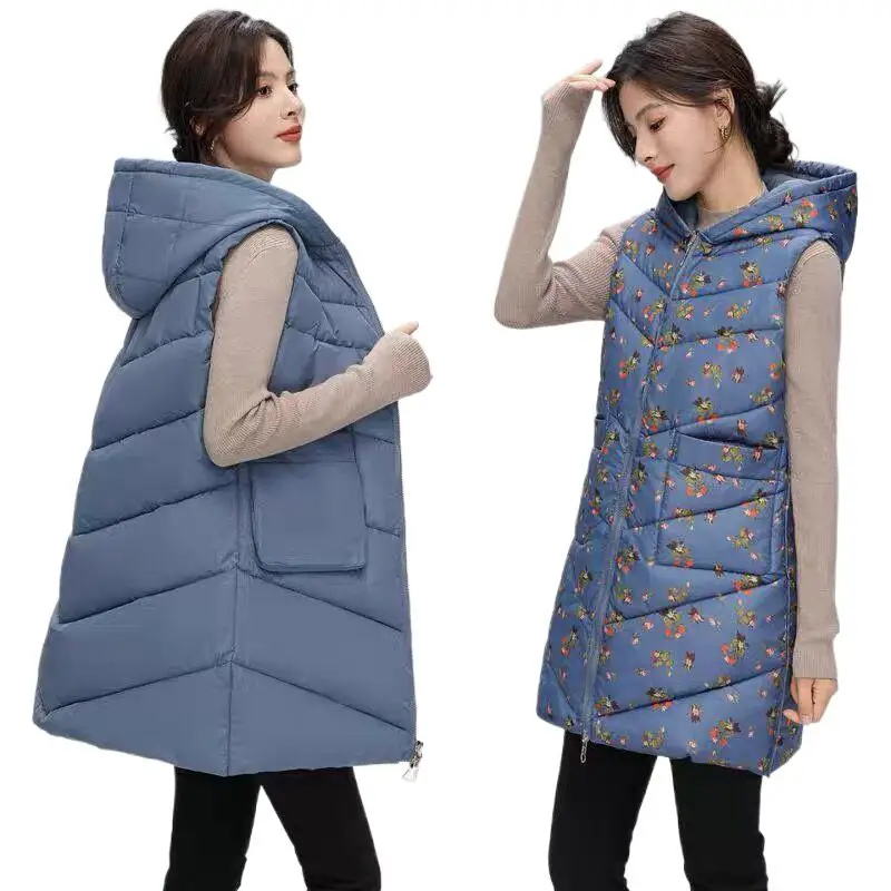 

Women's fashion double-sided wearing medium length down vest jacket,plus size Printing Mom waistcoat Autumn parkas tanks 3XL