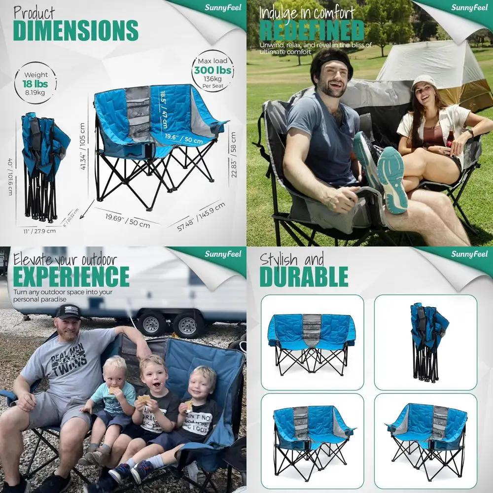 Silla plegable doble para acampar, sillón de dos plazas de gran tamaño, silla de césped portátil/plegable resistente con almacenamiento para exterior/exterior