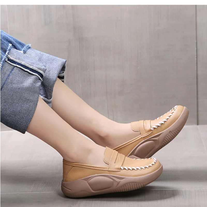 Round head fashion leather flat shoes women\'s outer seam platform shoes 2023 spring and autumn new