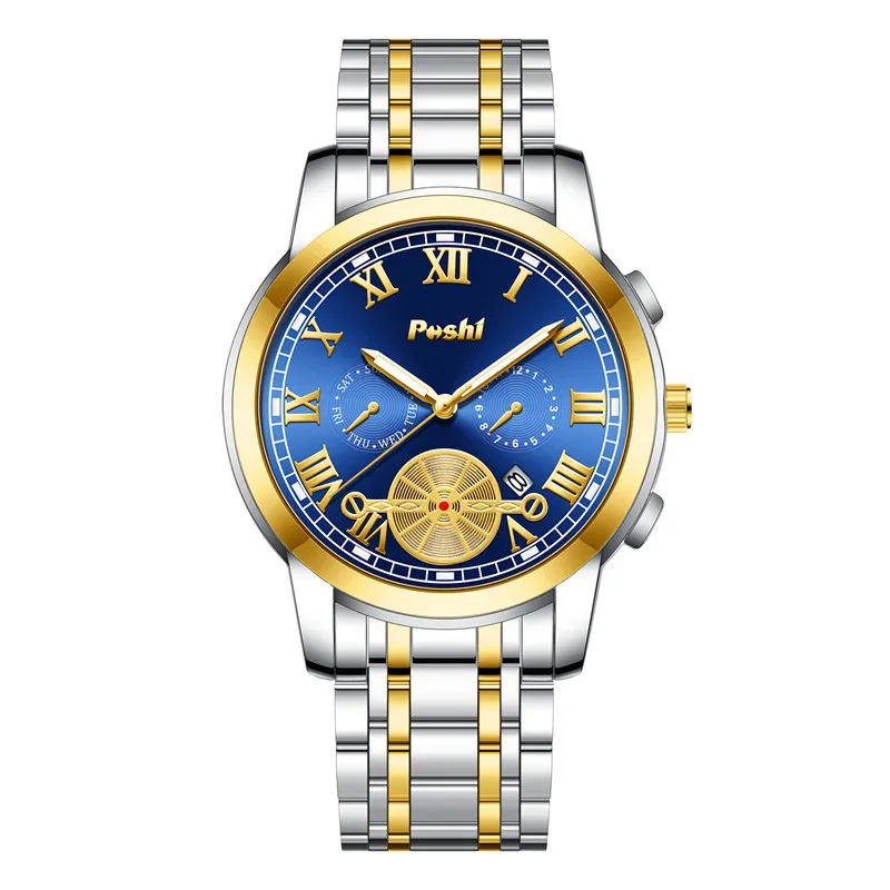 ساعة POSHI للرجال ساعات كوارتز للرجال ساعة يد رجالية فاخرة مقاومة للماء بحزام معدني للرجال ساعة عمل للتاريخ