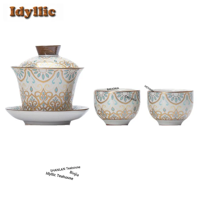 

Чайный набор из нефрита Ru Kiln, полный комплект, ретро-набор для чайной церемонии, набор из чайника и чашек, китайский чайный набор, принадлежности, украшения, подарок