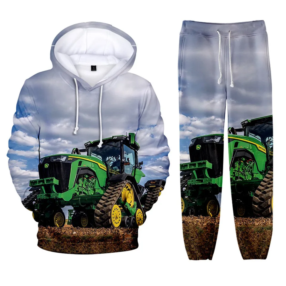 Tractor Pattern Sportswear Suit Men's Hoodies Set Casual Warm Sports Sweater Brand Pullover + Jogging Pants 2-piece Set