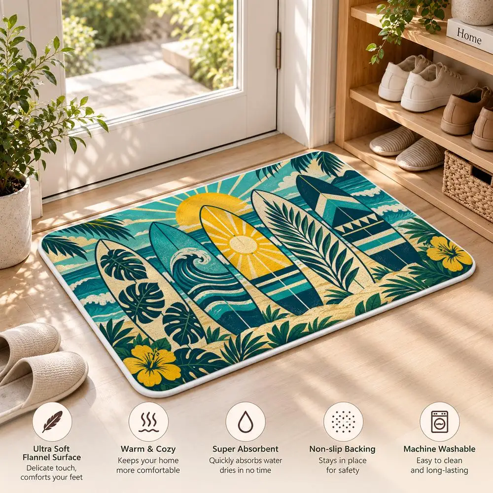 Surfboard Beach Sunny Floor Mat Soft Flannel Non Slip Door Mat for Bathroom Bedroom Entryway Home Decor Gift