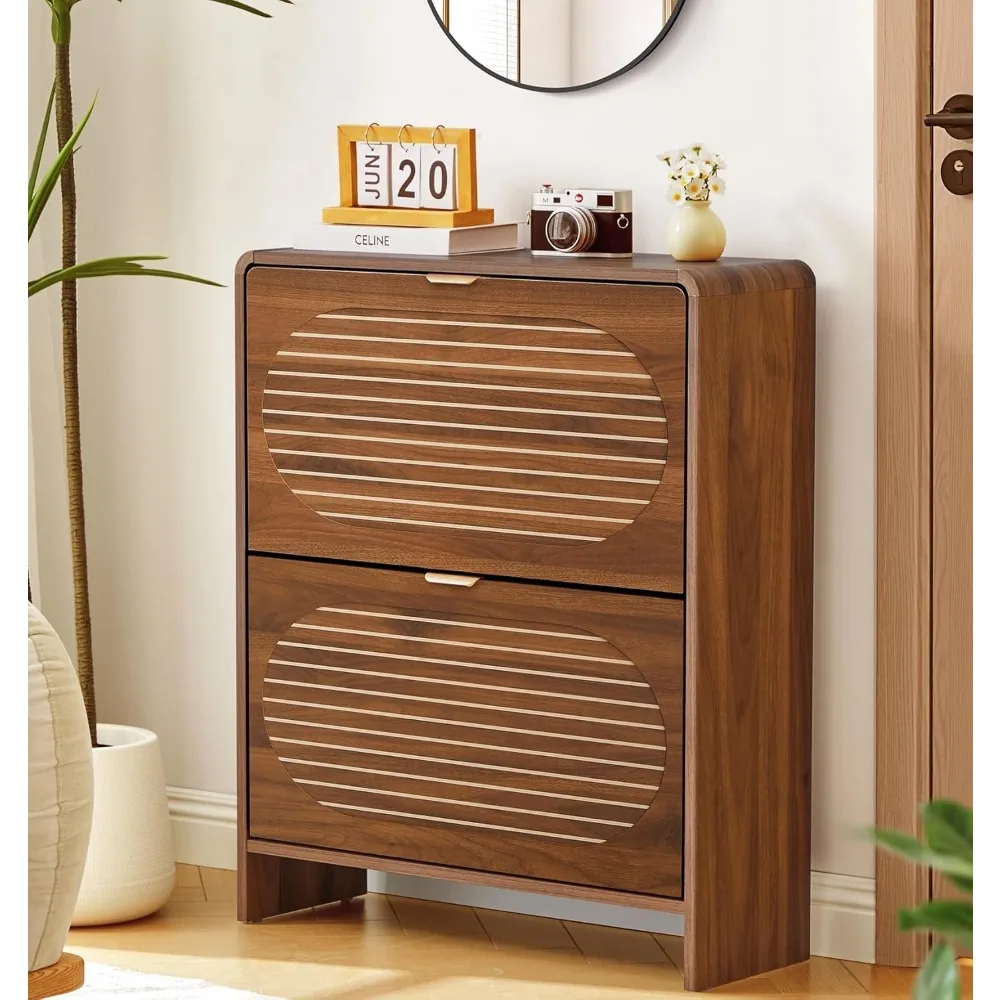 

Narrow shoe cabinet with 2 flip drawers and independent wooden shoe cabinet with arched striped panels