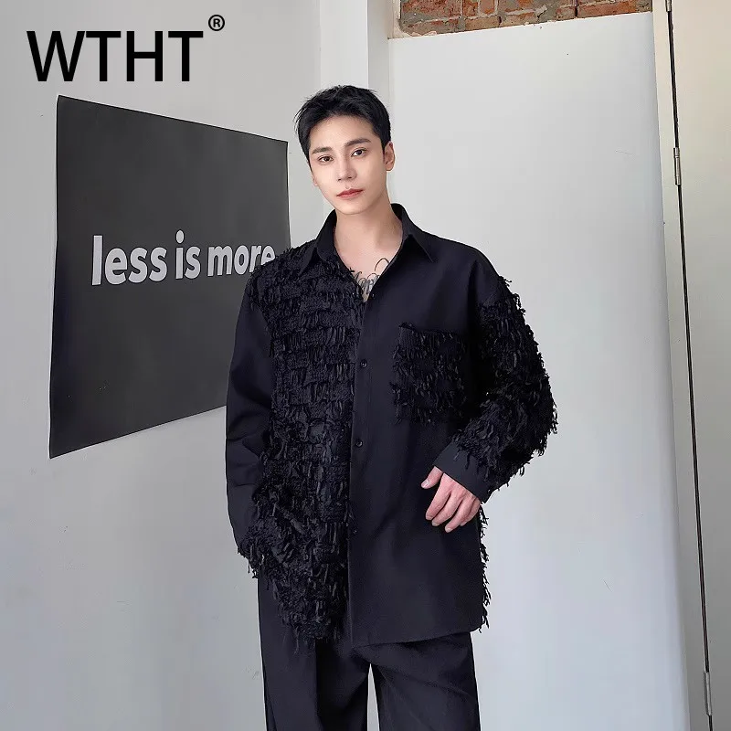 

WTHT Trendy Men Spliced Irregular Burr Edge Ribbon Design Shirts Fashion Solid Color Single Breasted Top Male 2026 Summer 2A2904