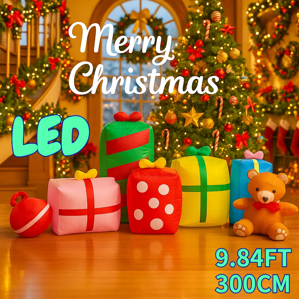 

9.84FT Inflatable Toys Gift Boxes Teddy Bear with LED Light Xmas Yard Lawn Party Decoration Christmas Home Supplies Ornament