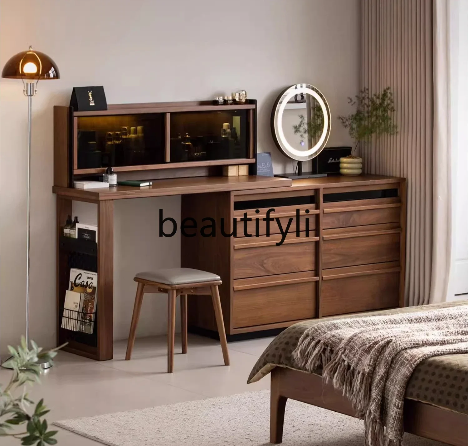 

Black walnut solid wood dresser, chest, integrated retractable cosmetic table, bedroom bedside and bedside storage8076
