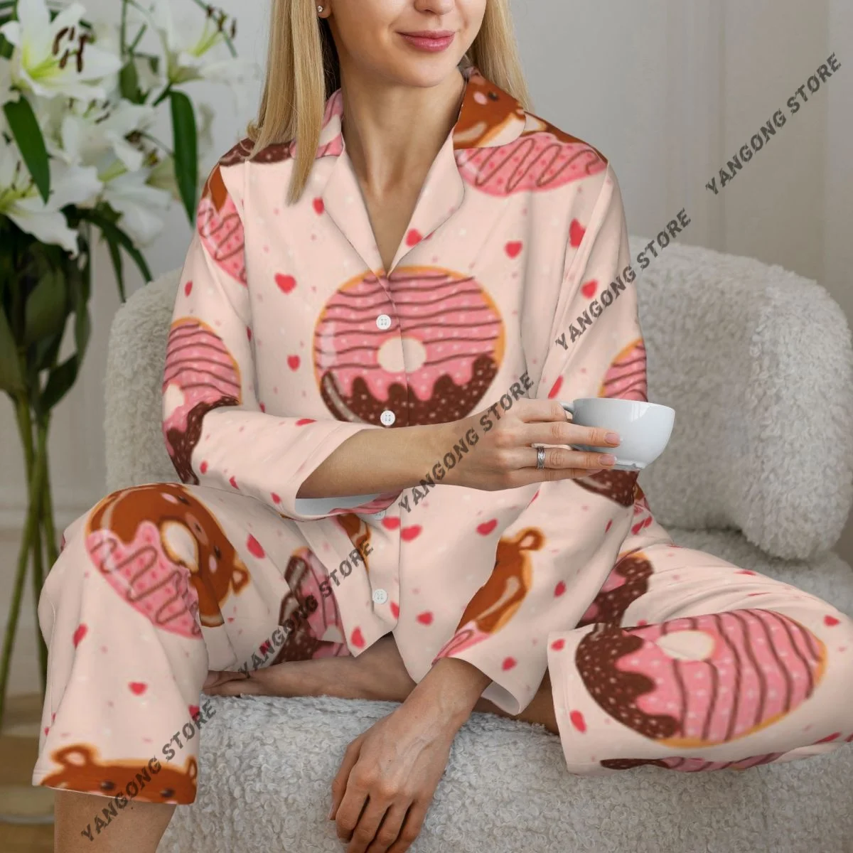 Cute Bear And Monkey Donuts Womens Pajamas Loungewear Two-piece Sleepwear Button-Down Full Sleeve Long Pajamas Set