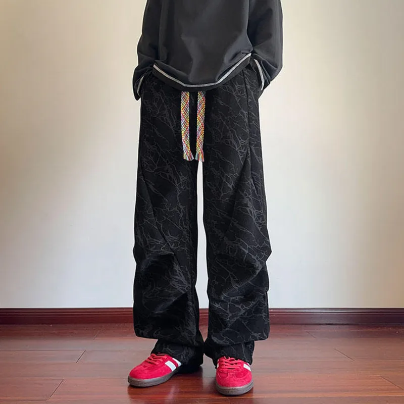 Luzhen 2025 moda inverno design plissado cordão cintura elástica em linha reta calças casuais masculinas calças de rua originais jy4843