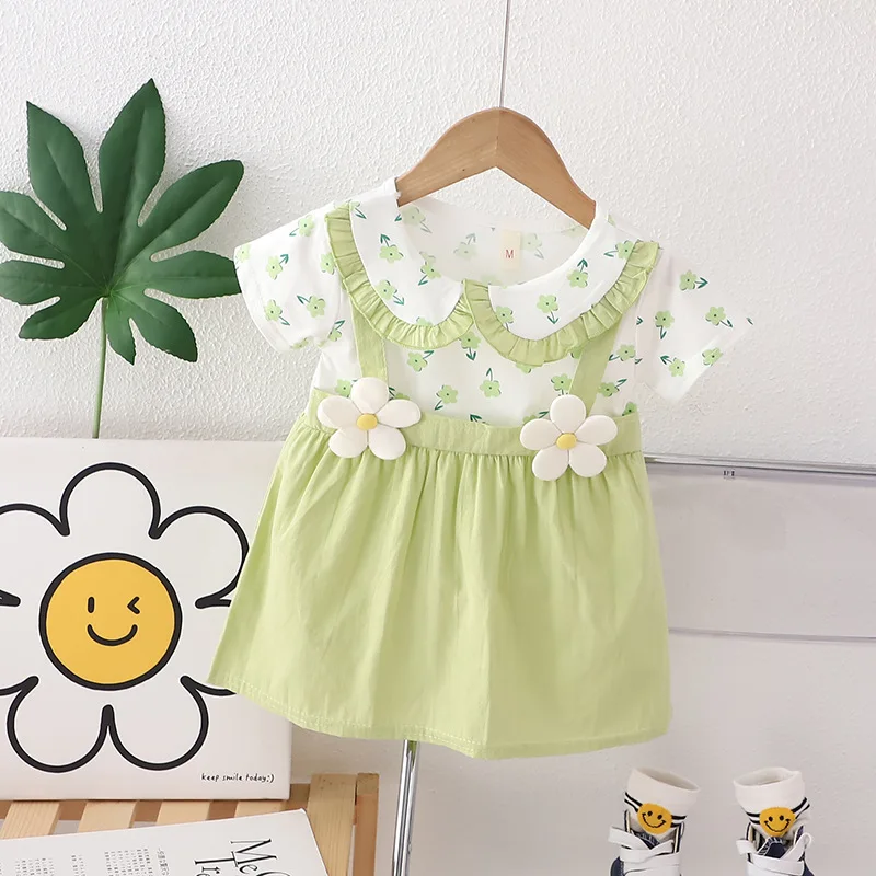 (0-3 Years Old) Summer Baby Girl Cotton Flower Fake Two-Piece Shoulder Strap Dress Girl Cute Short Sleeved Dress