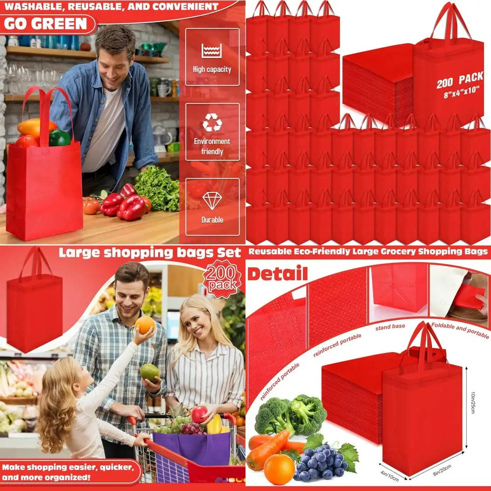 Paquete de 200 bolsas de asas reutilizables, 8x4x10 pulgadas, bolsas de compras no tejidas con asas, bolsas de regalo/épicerie rojas