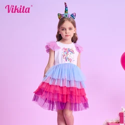 VIKITA Girls Licorne Sequined Appliqued Dress Kids Summer Flare Sleeve Tutu Dresses Toddlers Mesh Tulle Princess Party Prom Gown