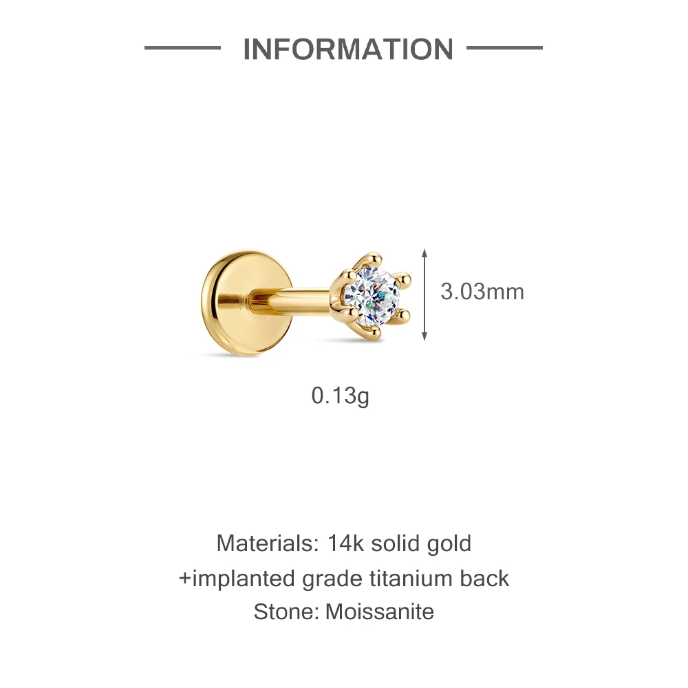 Aide 14K Gold S/M/L Moissanite Flat Back Piercing Earring 5/6/8mm Implanted Grade Titanium Back Dainty Studs Jewelry For Women