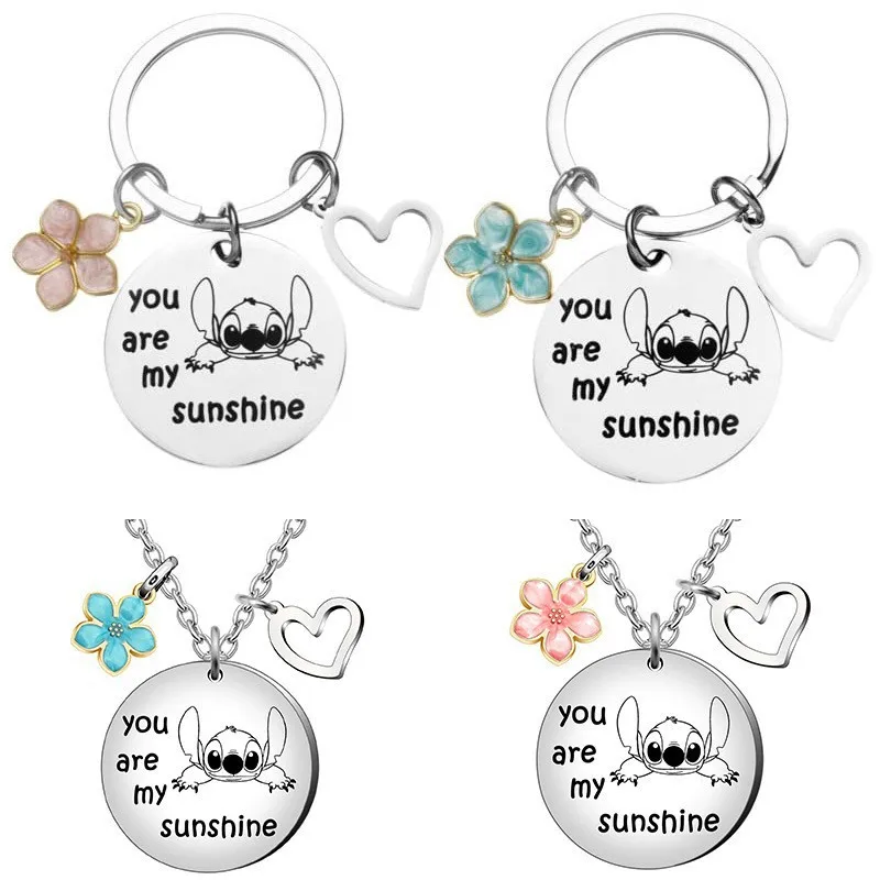 New Anime Disney Stitch Peripheral Lovely Lovers Necklace Elegant Ladies Petal Clavicle Chain Cartoon Jewelry Keychain Gifts