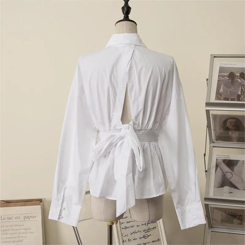 

Женский топ из чистого белого шелка и хлопка с отложным воротником и узлом с завязками на талии