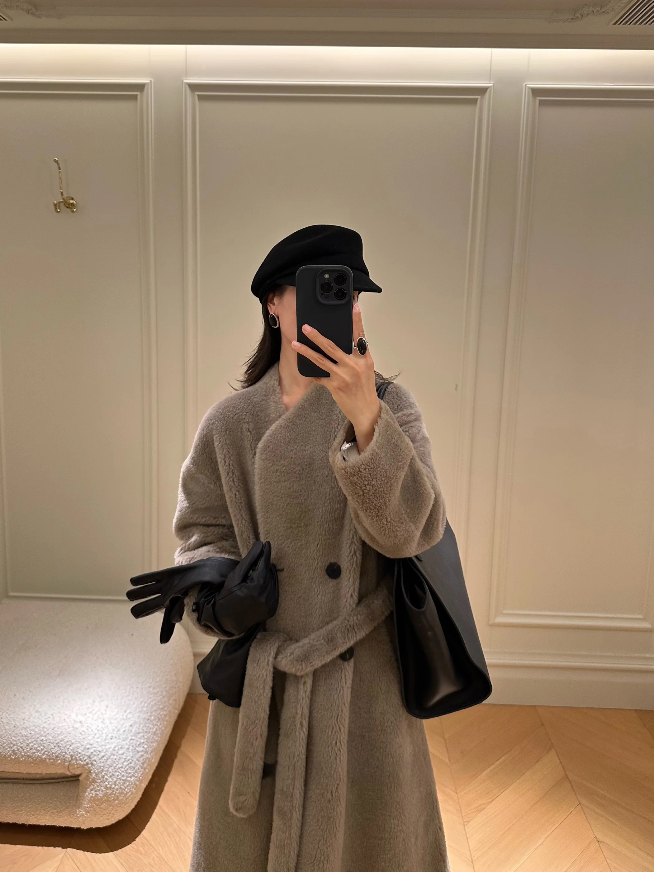 

Dalii Official Long Double-breasted Full Wool Leather Inteated Coat Vintage Feeling Commute Sle Pure E-commerce S