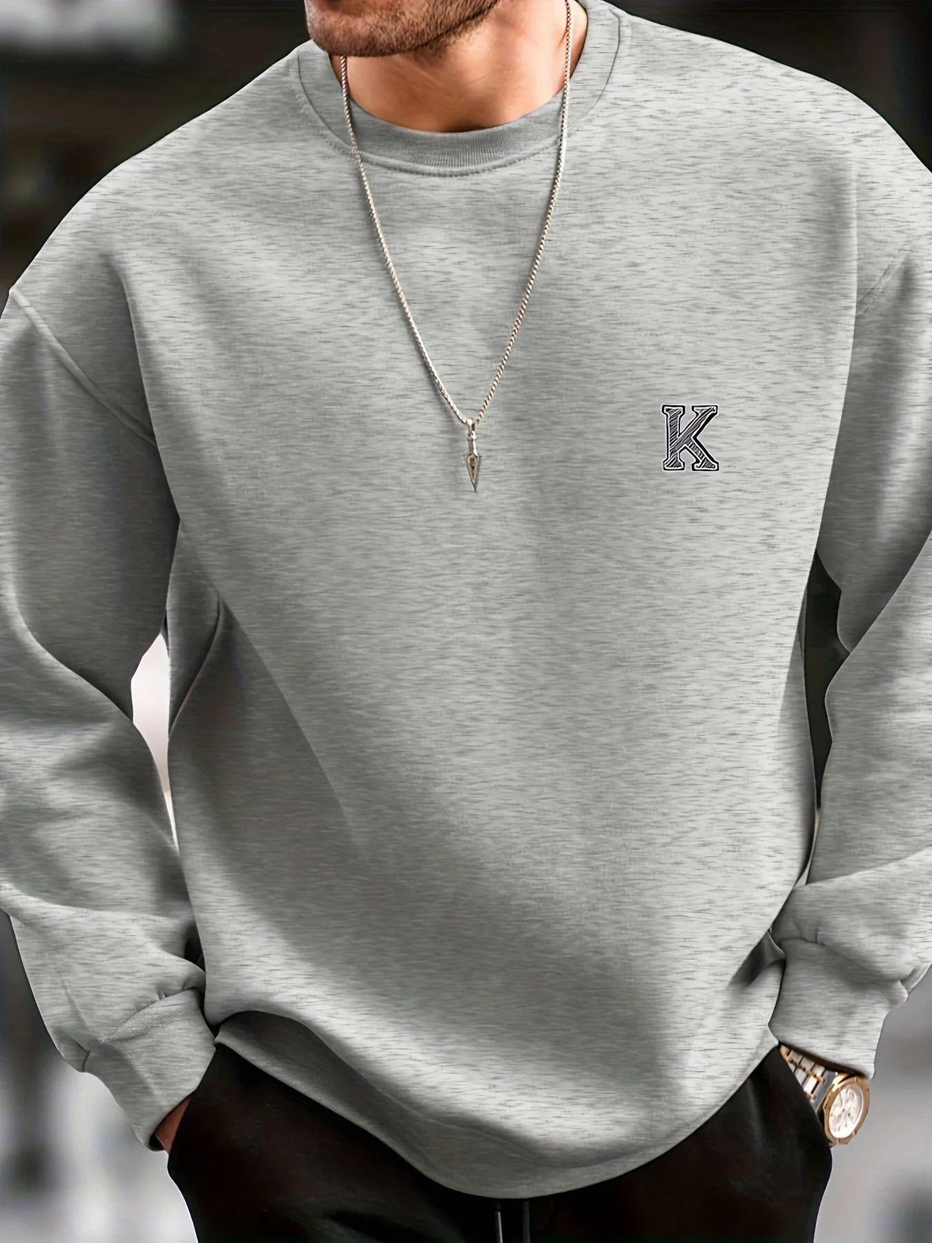 Men's autumn and winter fashionable casual loose letter K graphic print long sleeved round neck sweatshirt