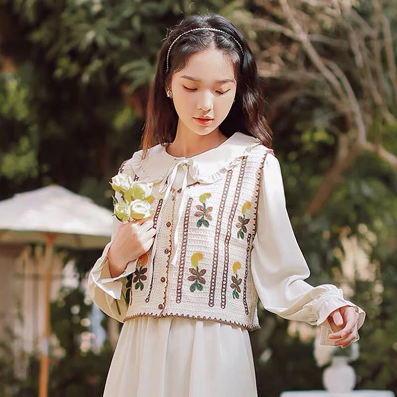Bloemen Borduren Trui Vest Vrouwen 2023 Nieuwe Lente Herfst Mouwloos Kort Vest Vrouwelijke Prairie Chic Bovenkleding