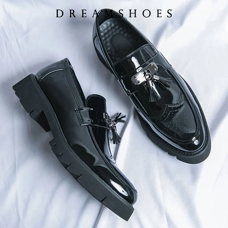 

Men Tassel Casual Leather Shoes Luxury Slip On Thick bottom Loafers Platform Fashion Patent Leather Business Shoes Prom Dress