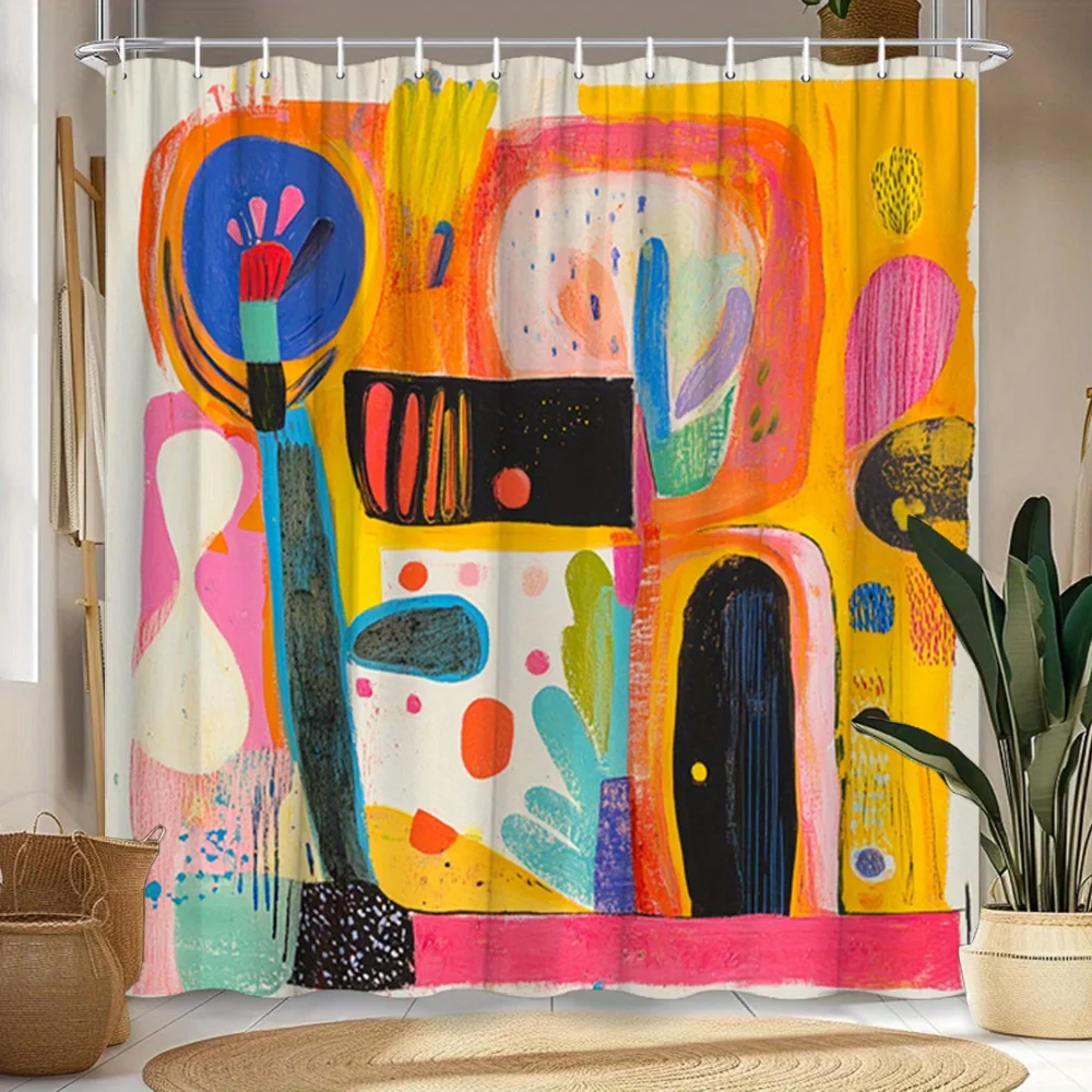 1pc Playful Abstract Shower Curtain - Colorful Floral Shapes Modern Bathroom Decor, Polyester Fabric with 12 Hooks, 179.83x179.8