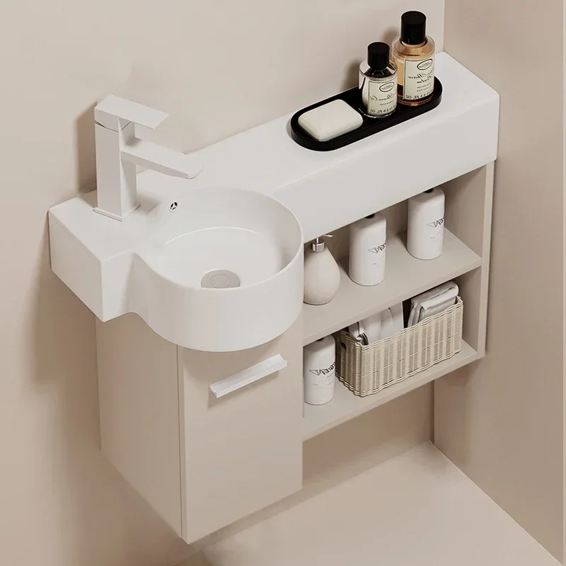 Small apartment cream wall-mounted ceramic wash basin cabinet narrow and long corner solid wood toilet cabinet