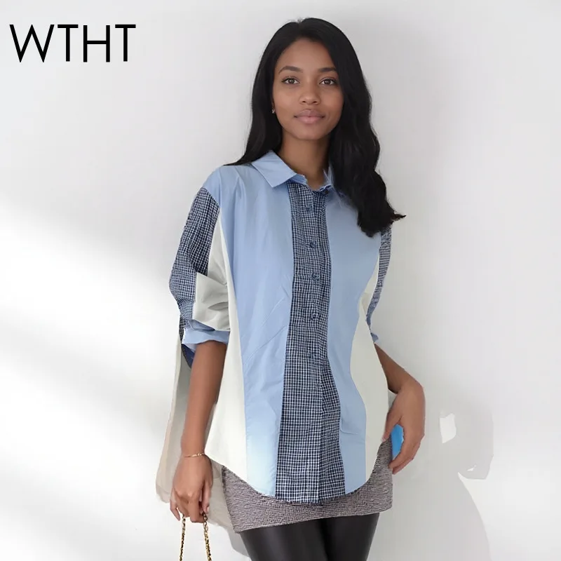 

WTHT новая модная женская лоскутная свободная рубашка в клетку контрастного цвета, осень 2021, модная блузка с длинными рукавами и лацканами, женская 1LS2286