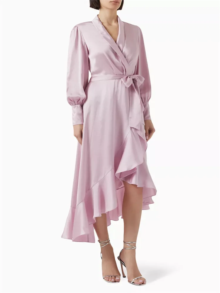 Customized New Light Pink Belted Ruffled Asymmetric Dress, Long-sleeved Cross V-neck Waist Strap Ruffled Skirt Hem Evening Dress