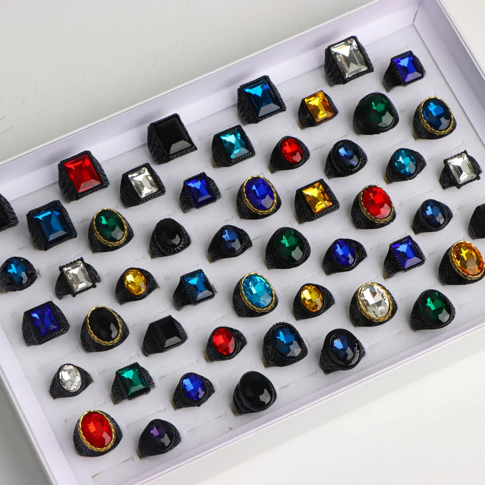 10/20/30/50 قطعة/الوحدة موضة الشرير ريترو حلية الزجاج حجر لامعة خواتم للنساء الرجال الهندسة منحوتة مزيج نمط مجوهرات هدايا الحفلات #5