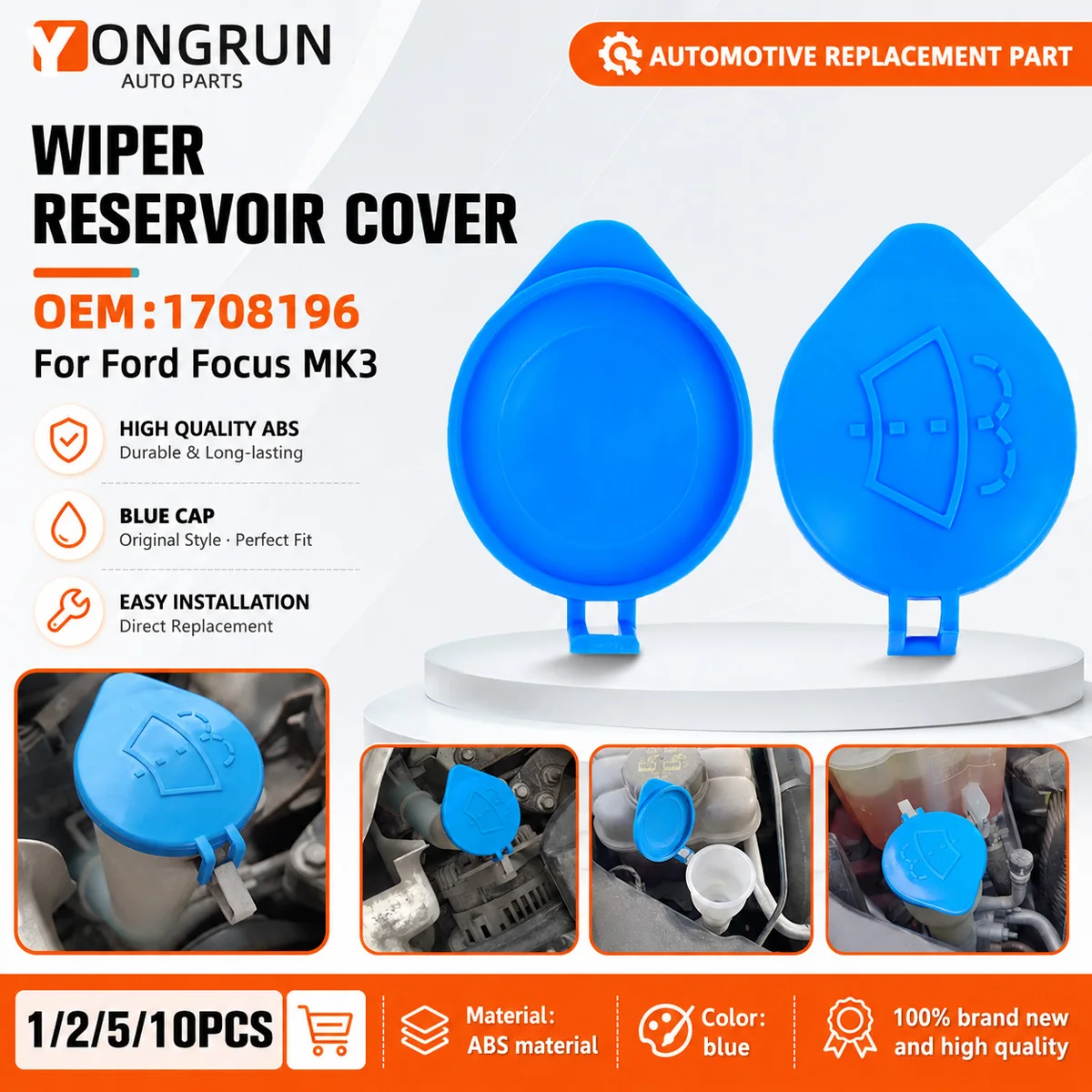 YONGRUN Car Windshield Washer Fluid Cover OE1708196 Is Suitable For Ford Focus Mk3 (2011 Onwards) Water Tank Cover 1/2/5/10pcs