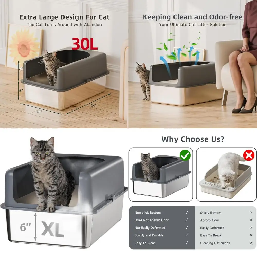 

Extra Large High-Sided Stainless Steel Litter Box with Lid for Cats, Easy Clean, 24L x 16W x 12H Enclosure